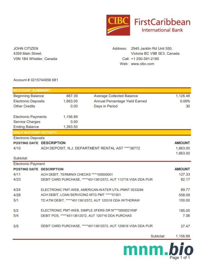 Canada CIBC wyciąg z konta bankowego Word i szablon PDF, 2 strony